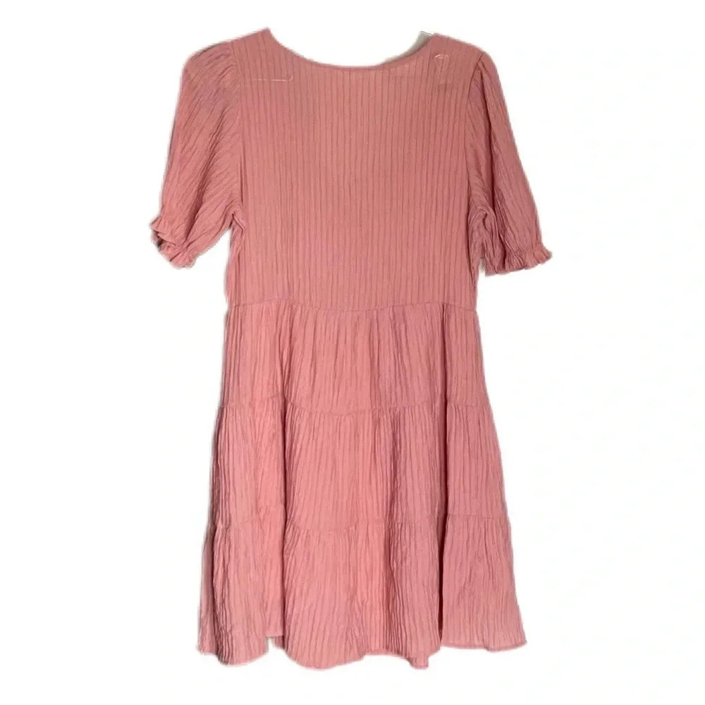 Mine Pink Rose Puff Sleeves Tiered Midi Casual Dress Women’s Small - Picture 3 of 12